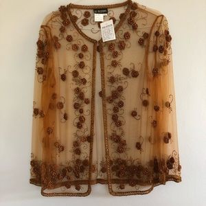Sheer beaded sweater coverup Jacket crochet women’s copper s/m elegant dressy